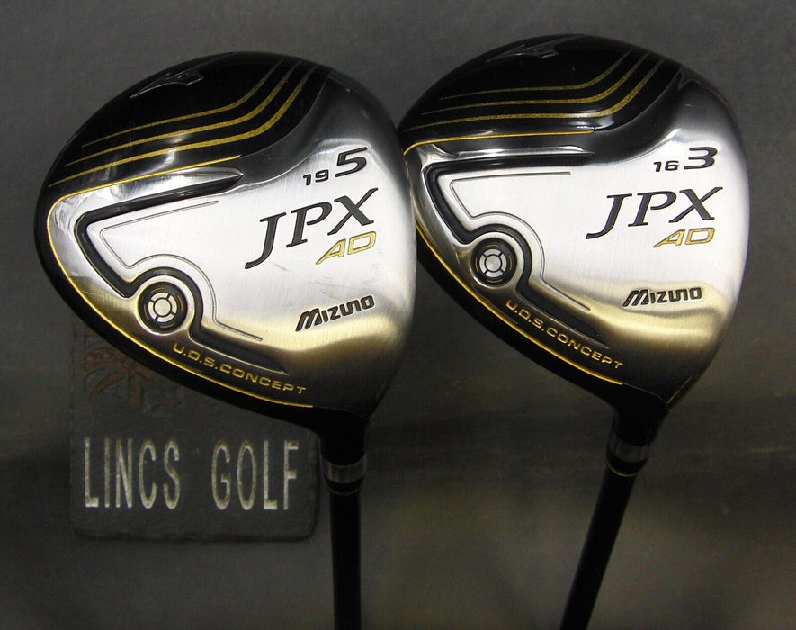 Set of 2 Mizuno JPX AD 16° 3 & 19° 5 Woods Stiff Graphite Shafts Mizuno Grips