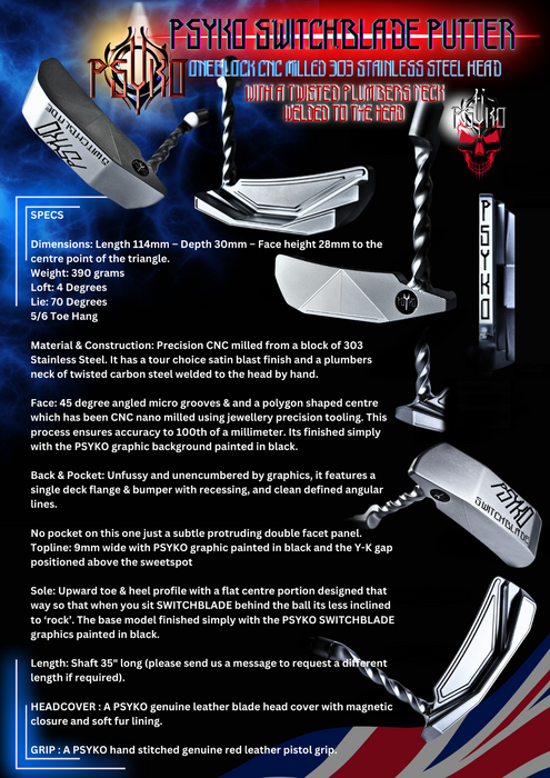 PSYKO SWITCHBLADE CNC Milled Putter Twisted Neck (welded to the head) Headcover