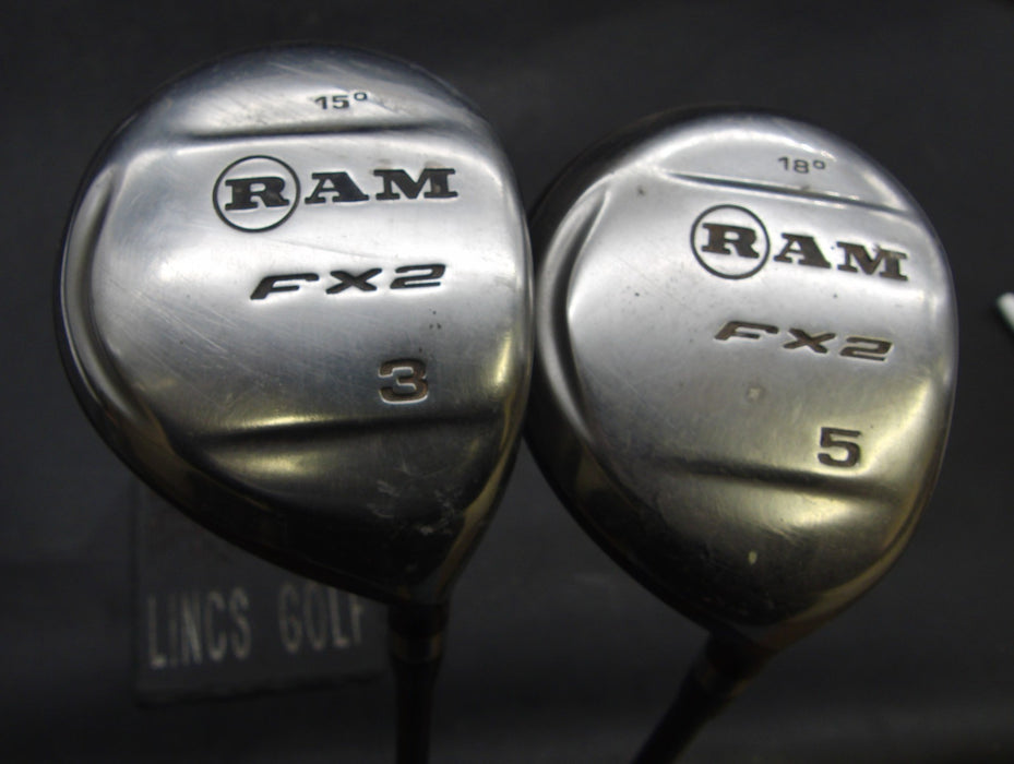 Set of 2 RAM FX2 15° 3+ 18° 5 Woods Regular Graphite Shafts Lamkin Grips