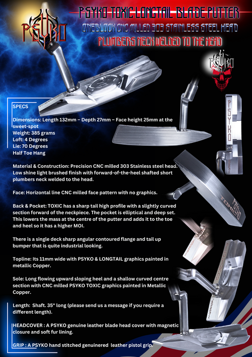 PSYKO TOXIC LONGTAIL CNC Milled Putter Twisted Neck (welded to the head) + HC